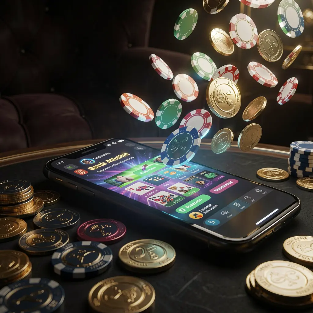 PPBD online gaming app displayed on a smartphone screen glowing with casino chips and coins emerging, set against a luxury dark background with cinematic lighting in a high detail 3D render PPBD online gaming app displayed on a smartphone screen glowing with casino chips and coins emerging, set against a luxury dark background with cinematic lighting in a high detail 3D render
