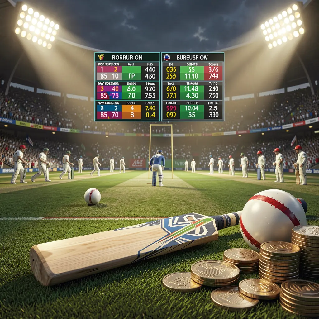 PPBD premium cricket betting scene featuring a cricket stadium filled with crowd, bat and ball in the foreground, digital odds graphics, and coins under dramatic lighting in a high detail 3D render