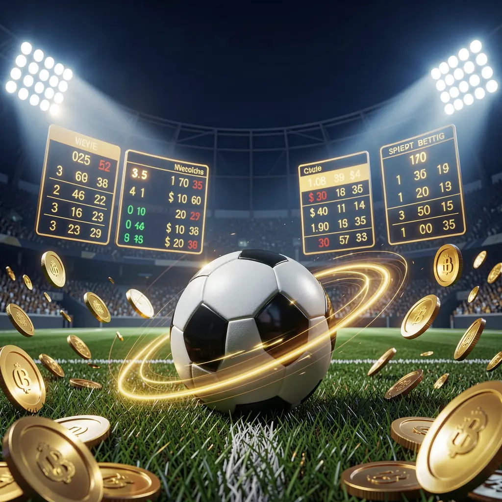 PPBD sports betting hero banner featuring a football stadium at night with bright floodlights, a soccer ball on green grass, glowing odds panels, golden coins, and dynamic light trails in a premium dark blue and gold cinematic 3D render
