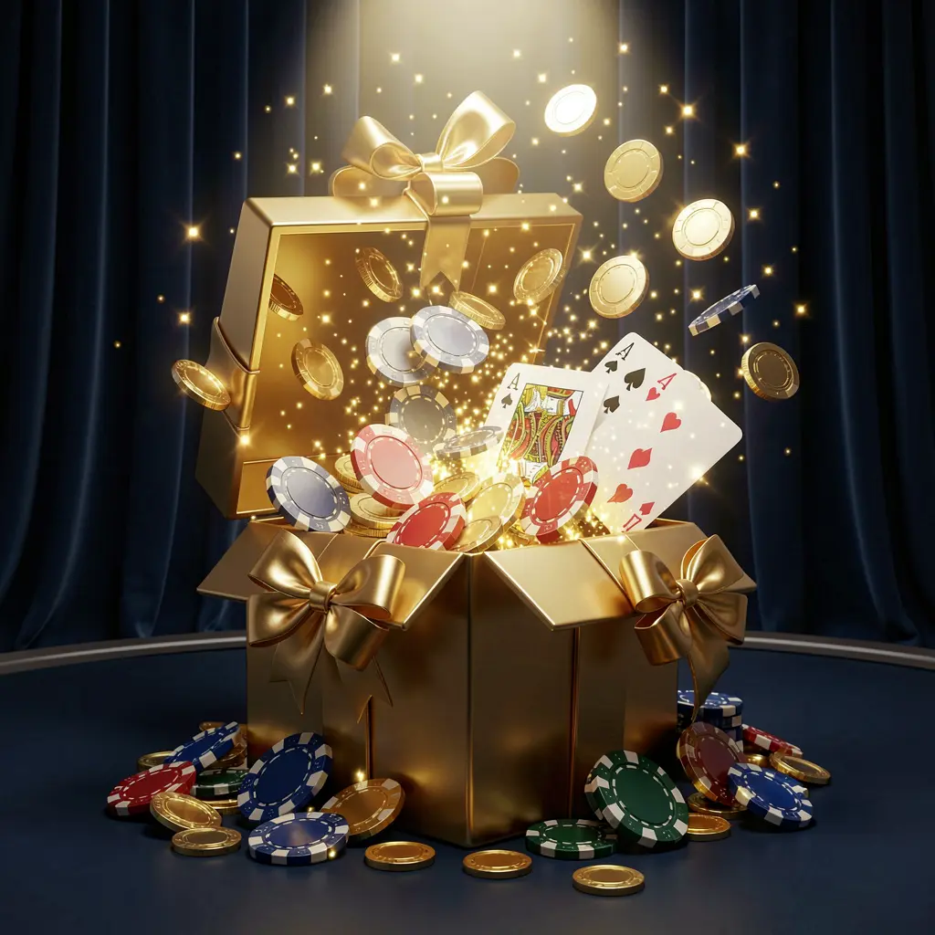 A luxurious welcome bonus scene for PPBD online casino featuring an open golden gift box with casino chips, playing cards, and sparkling coins bursting out against a bright golden glow and premium dark blue and black background in an elegant festive mood A luxurious welcome bonus scene for PPBD online casino featuring an open golden gift box with casino chips, playing cards, and sparkling coins bursting out against a bright golden glow and premium dark blue and black background in an elegant festive mood