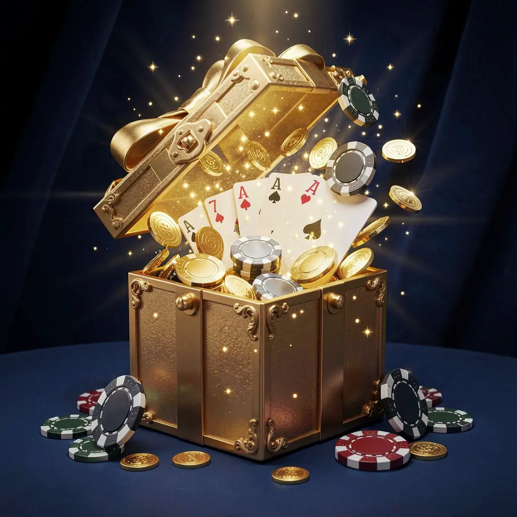 A luxurious welcome bonus scene for PPBD online casino featuring an open golden gift box with casino chips, playing cards, and sparkling coins bursting out against a bright golden glow and premium dark blue and black background in an elegant festive mood A luxurious welcome bonus scene for PPBD online casino featuring an open golden gift box with casino chips, playing cards, and sparkling coins bursting out against a bright golden glow and premium dark blue and black background in an elegant festive mood