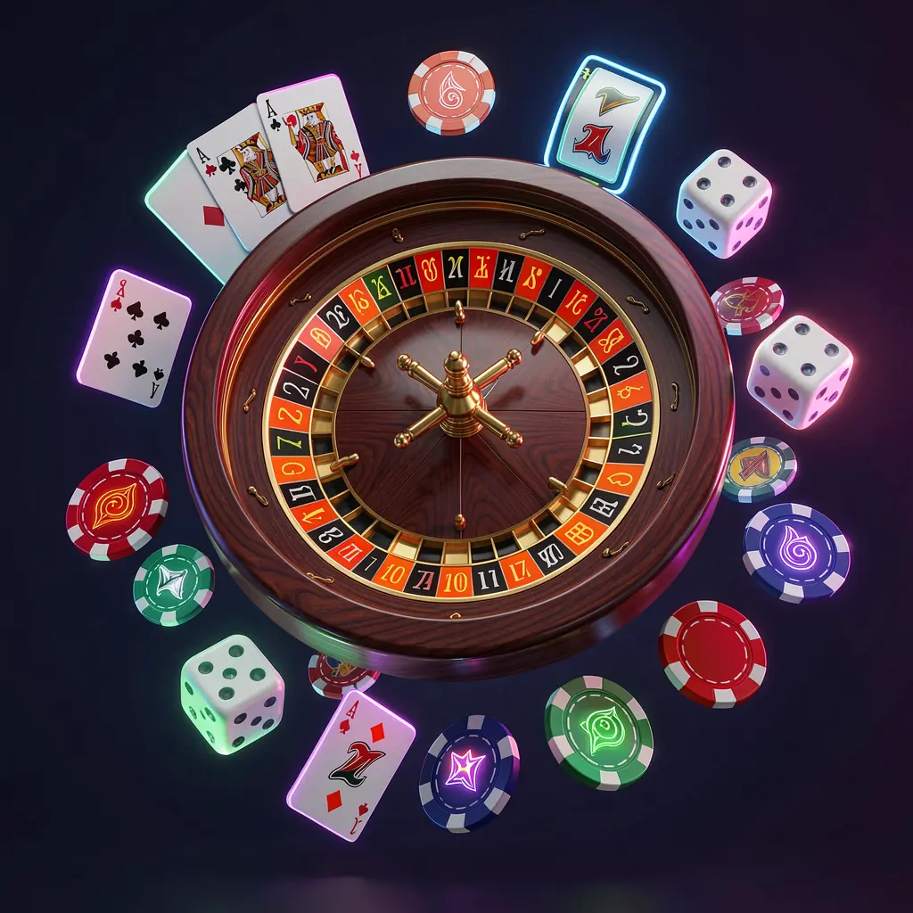 PPBD online casino games collection featuring a roulette wheel, blackjack cards, dice, slot symbols, and poker chips floating together with neon glow in a premium 3D render PPBD online casino games collection featuring a roulette wheel, blackjack cards, dice, slot symbols, and poker chips floating together with neon glow in a premium 3D render