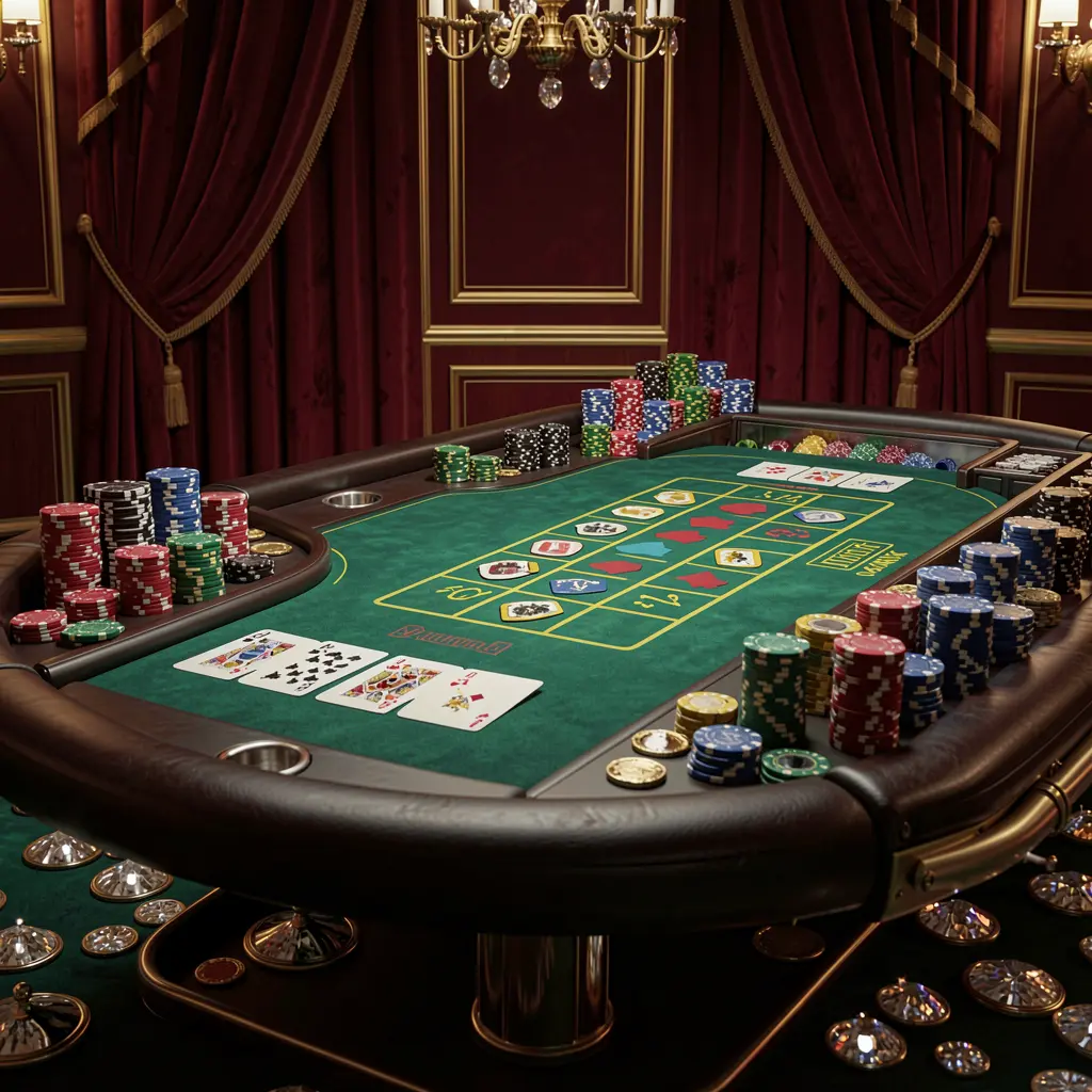 PPBD luxury casino scene featuring a blackjack table with poker cards, stacks of chips, and sparkling coins against a dark red and gold background in a cinematic realistic render PPBD luxury casino scene featuring a blackjack table with poker cards, stacks of chips, and sparkling coins against a dark red and gold background in a cinematic realistic render