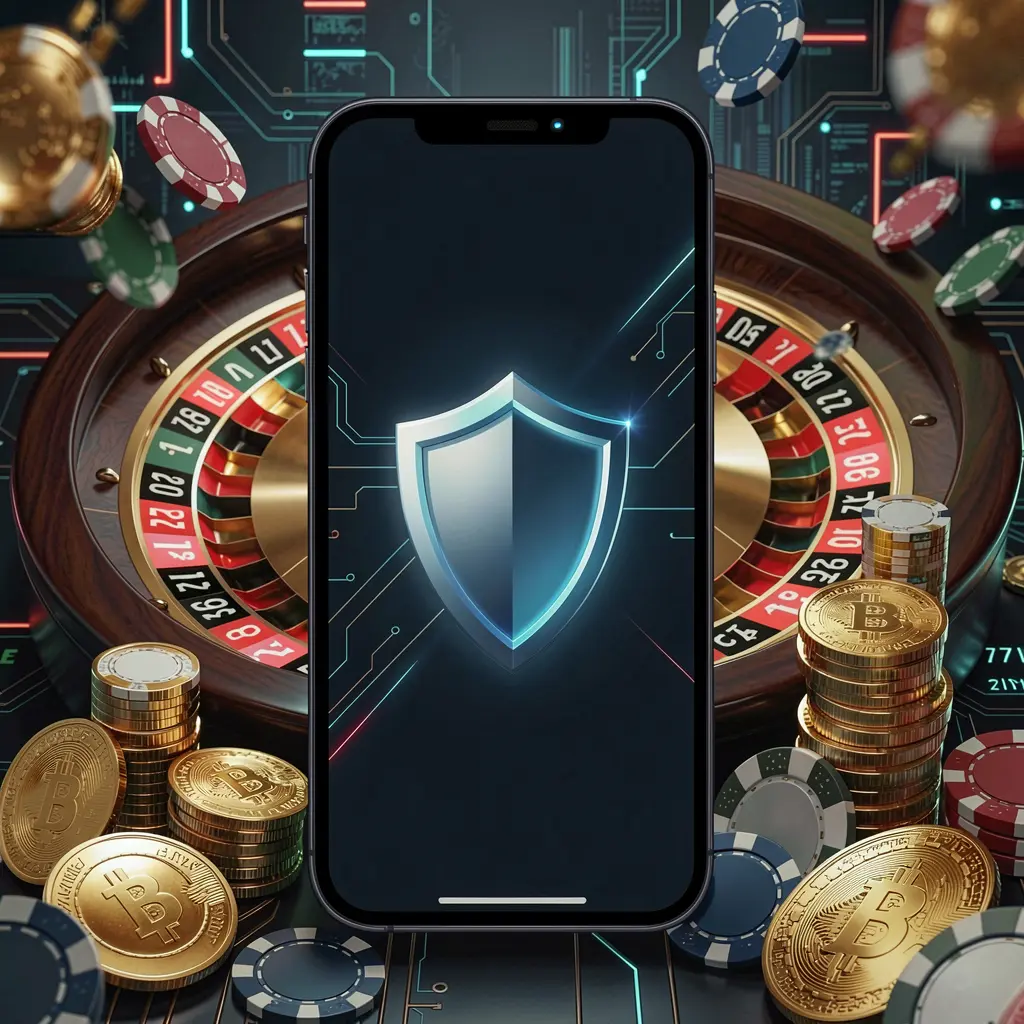 PPBD secure mobile casino login screen showing a phone with a shield icon, roulette wheel, poker chips, and golden coins in a dark cyber luxury atmosphere PPBD secure mobile casino login screen showing a phone with a shield icon, roulette wheel, poker chips, and golden coins in a dark cyber luxury atmosphere