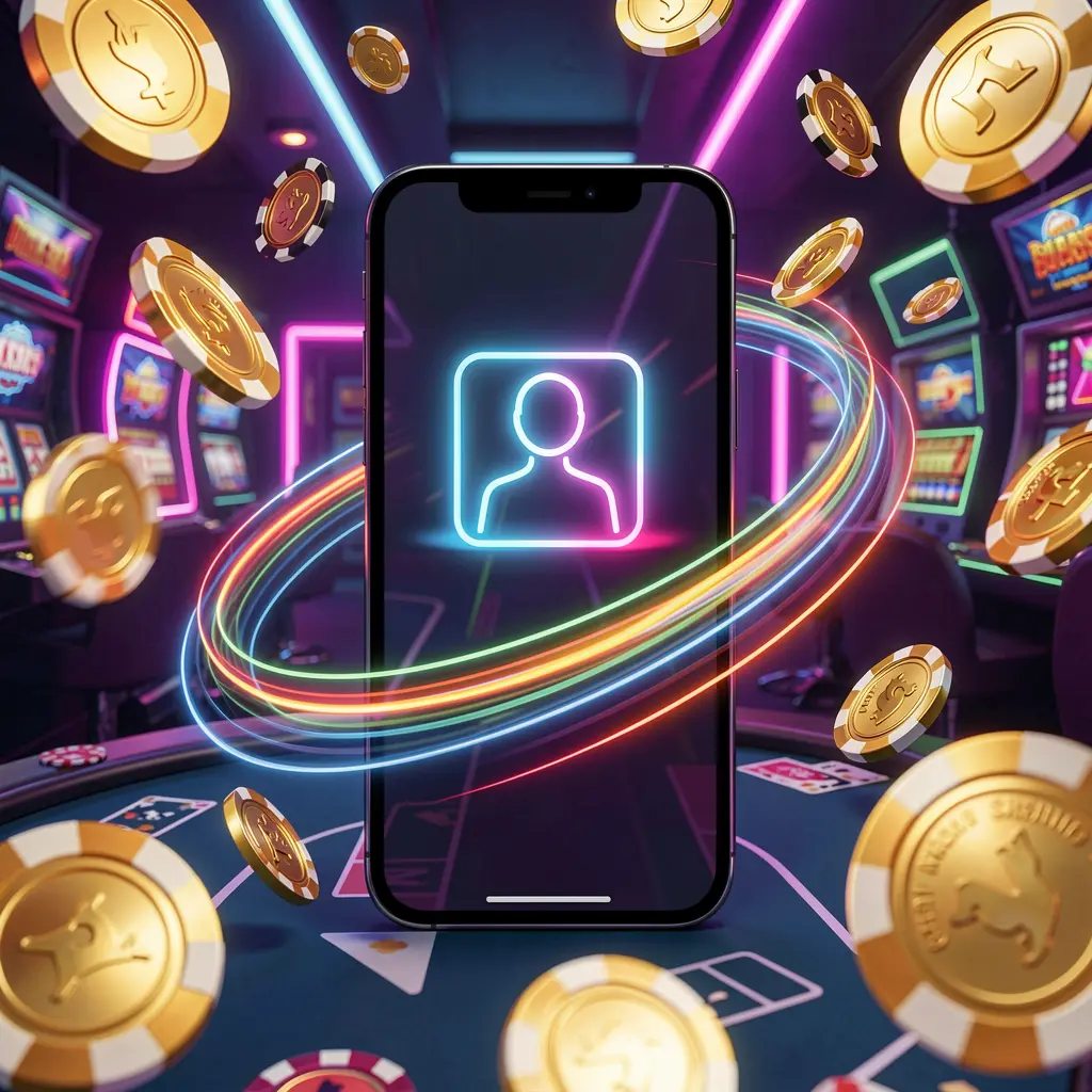 Fast casino login banner featuring a smartphone with a bright user icon surrounded by speed light trails, golden coins, and chips flying around in a modern neon casino style, showcasing PPBD's high detail 3D render Fast casino login banner featuring a smartphone with a bright user icon surrounded by speed light trails, golden coins, and chips flying around in a modern neon casino style, showcasing PPBD's high detail 3D render