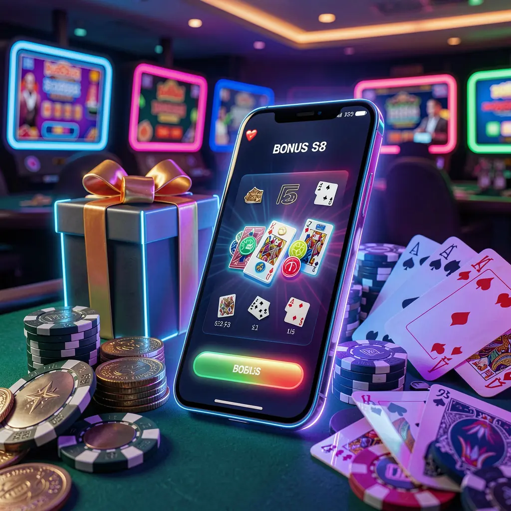 Modern casino website hero scene featuring a smartphone with a glowing interface surrounded by bonus gift box, chips, coins, and playing cards in a premium neon casino style by PPBD Modern casino website hero scene featuring a smartphone with a glowing interface surrounded by bonus gift box, chips, coins, and playing cards in a premium neon casino style by PPBD